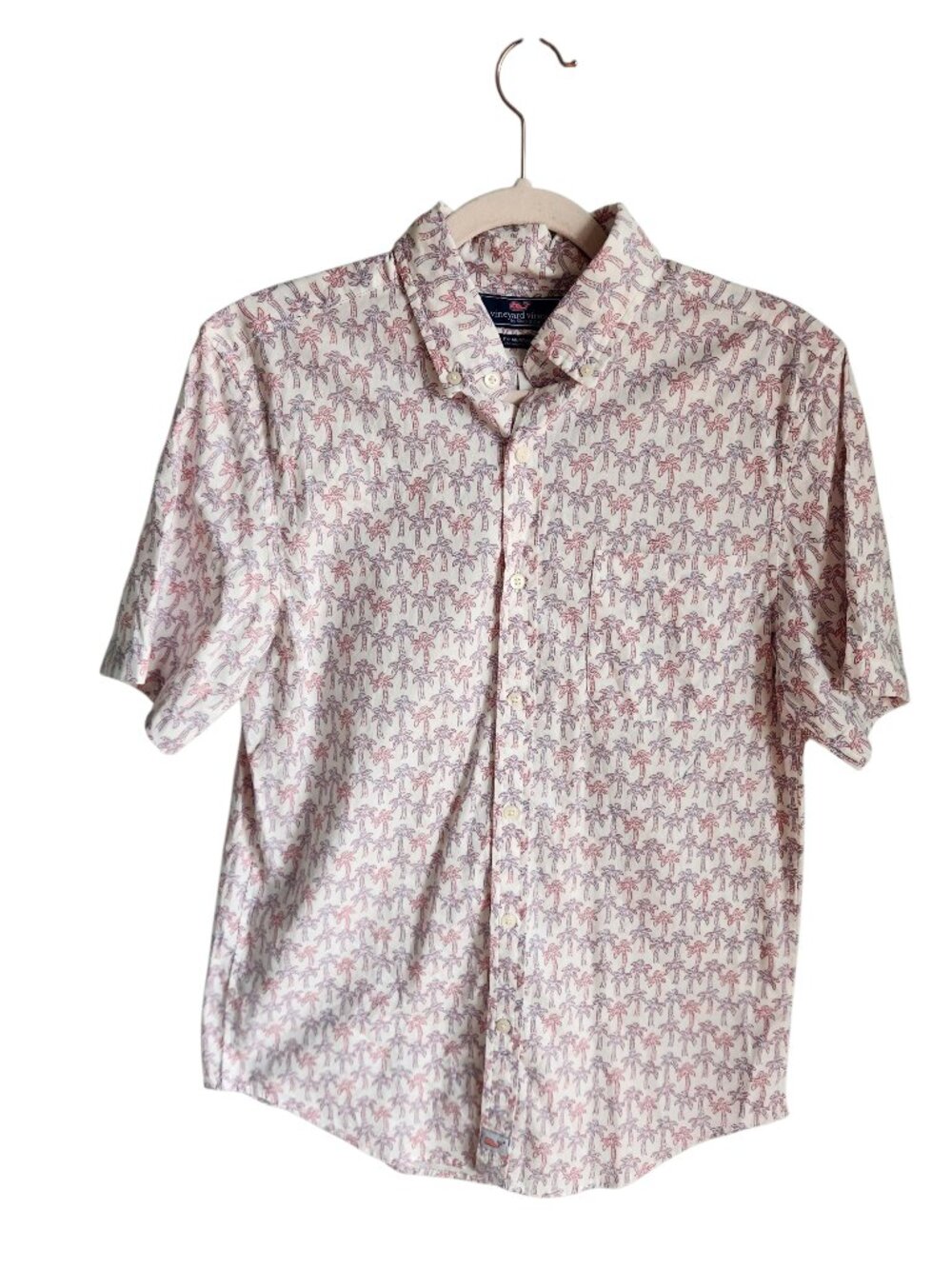 Vineyard Vines Shirt Small Men's Beige Red Blue Slim Fit Murray Palm Print Short